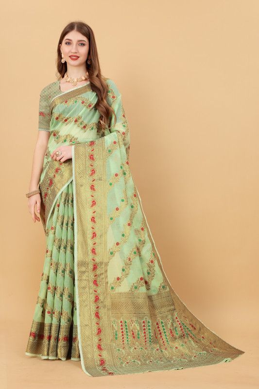 Woven Kanjivaram Jacquard, Cotton Silk Saree  (Gold, Light Green)