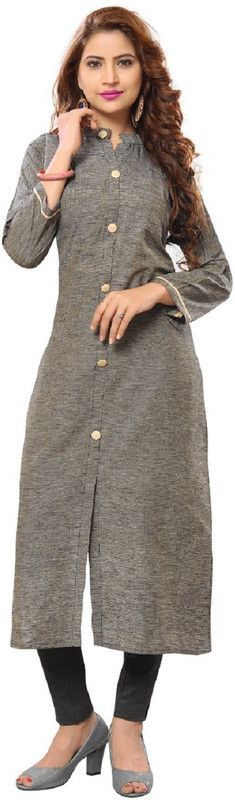 Women Self Design Cotton Linen Frontslit Kurta  (Black)
