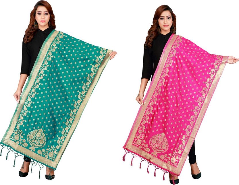 Art Silk, Jacquard Self Design, Woven Dark Green, Pink Women Dupatta