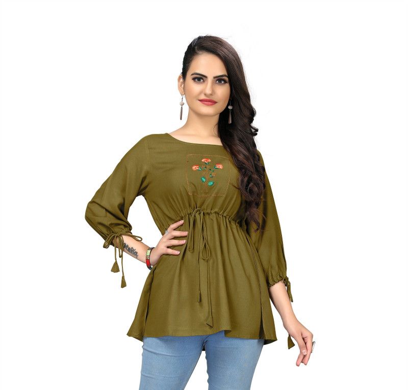 Casual Raglan Sleeves Embroidered Women Yellow Top