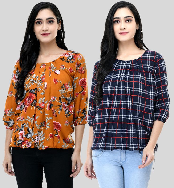 Pack of 2 Casual Regular Sleeves Printed, Checkered Women Multicolor Top