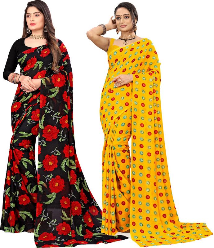 Floral Print, Paisley, Geometric Print Daily Wear Georgette Saree  (Pack of 2, Red, Black, Multicolor)