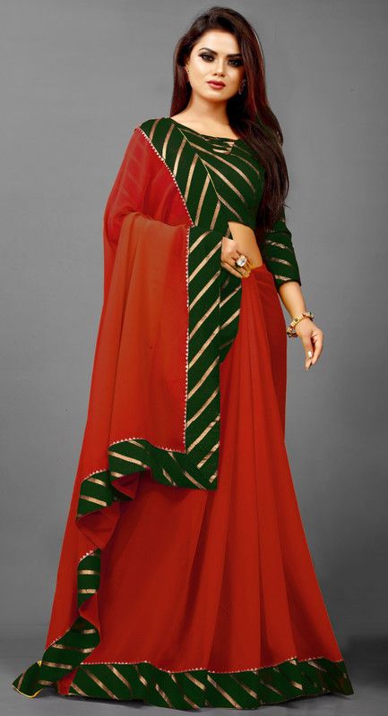 Striped Bollywood Art Silk Saree  (Red)
