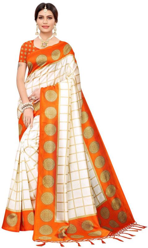 Checkered Daily Wear Art Silk Saree  (White)