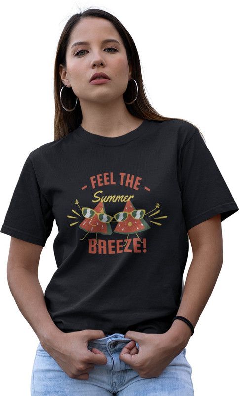 Summer Printed 100% Pure Cotton Regular Fit T-Shirt For Girls And Women Women Printed Round Neck Cotton Blend Black T-Shirt