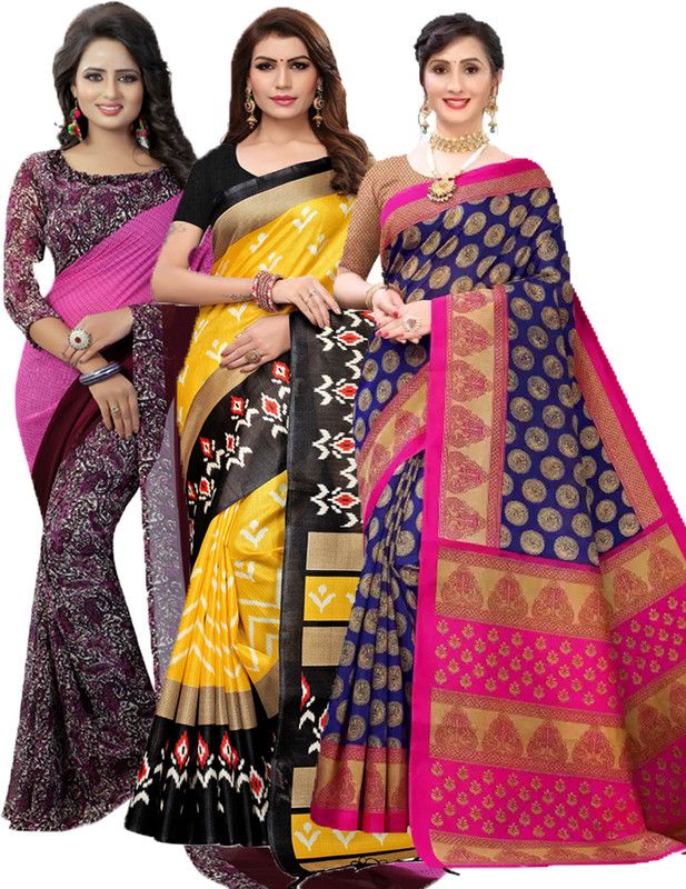 Printed Daily Wear Georgette Saree  (Pack of 3, Purple, Yellow, Dark Blue)