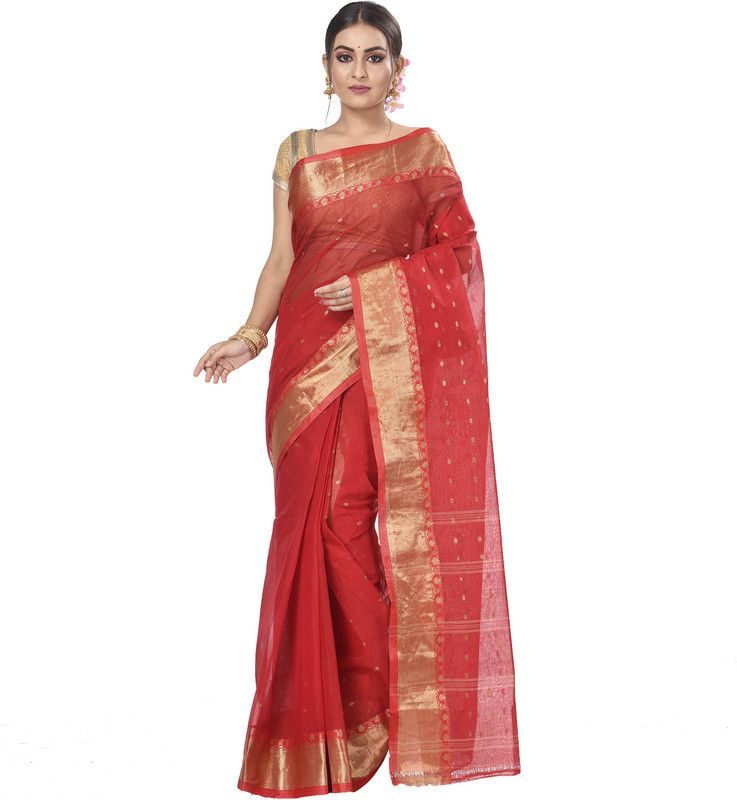 Self Design Tant Cotton Blend Saree  (Red)