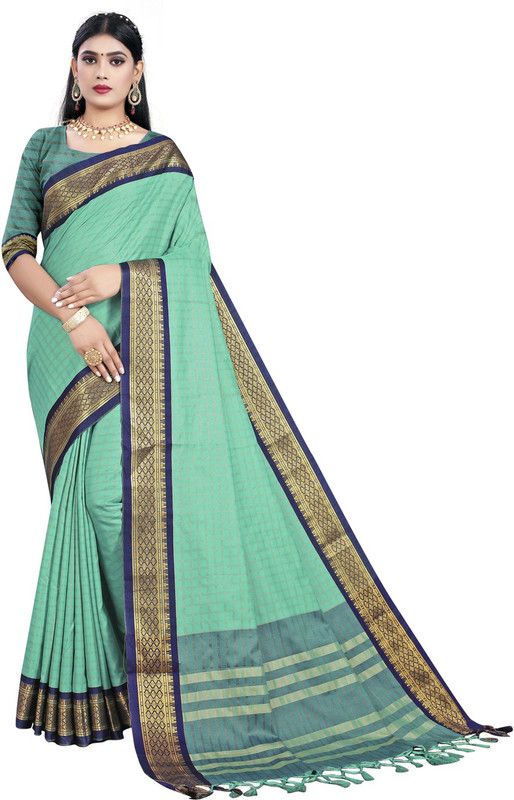 Checkered Chettinadu Cotton Blend Saree  (Green)