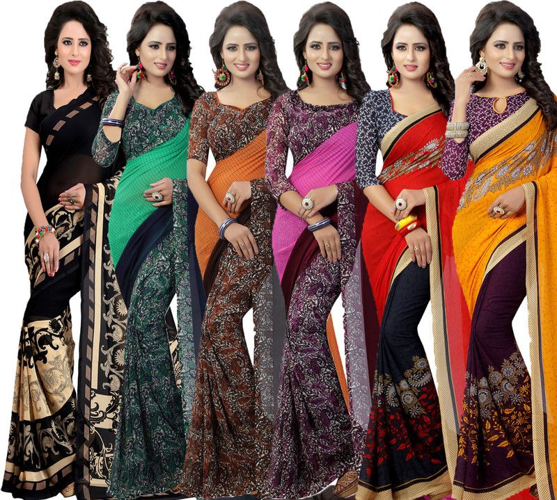 Printed Daily Wear Georgette Saree  (Pack of 6, Purple, Red, Green, Black, Pink, Orange)
