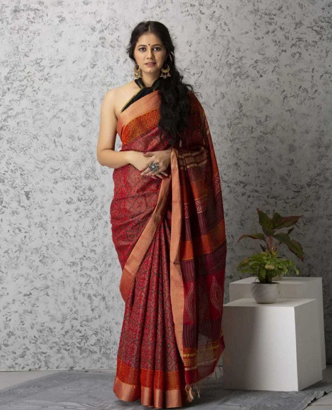 Hand Painted Bhagalpuri Cotton Silk Saree  (Multicolor)