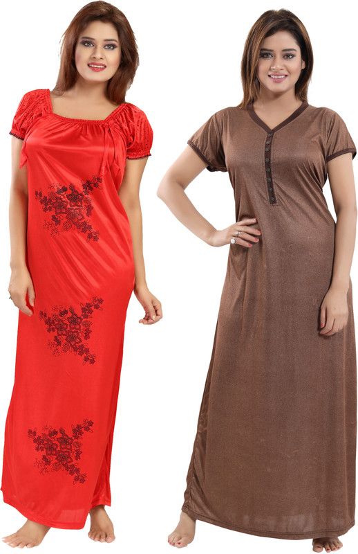 Pack of 2 Women Nighty Set  (Brown, Red)