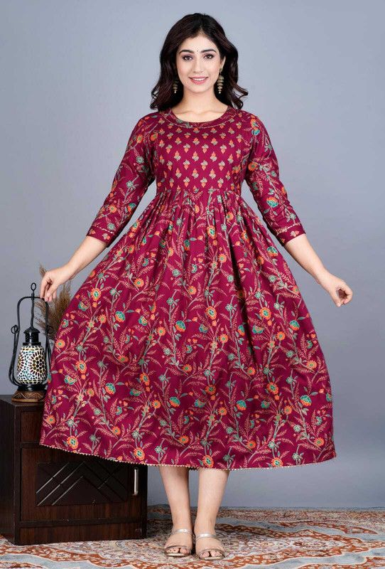 Women Bandhani Cotton Rayon Gown Kurta  (Red)
