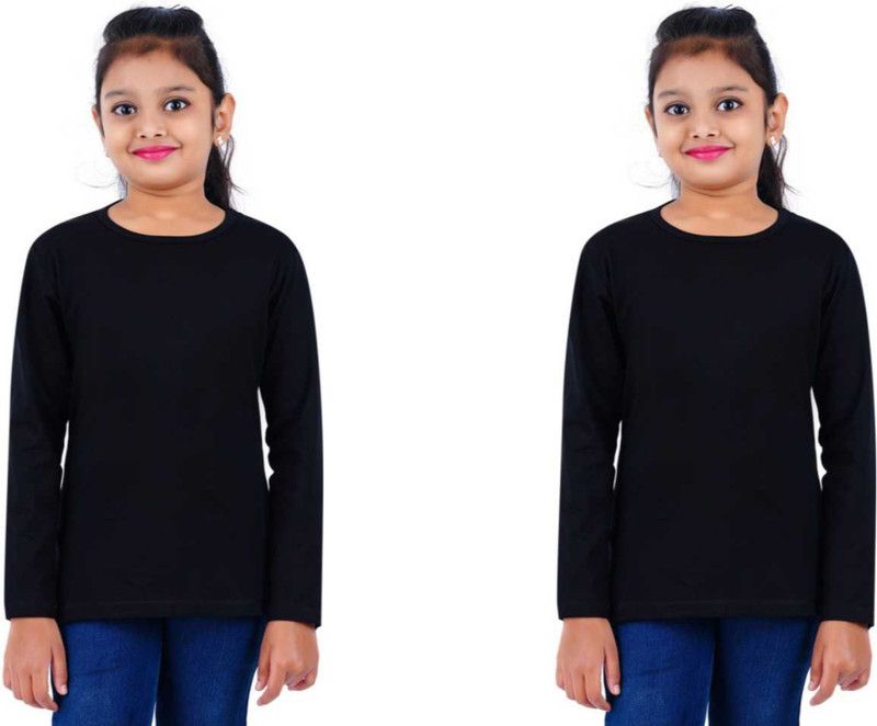 Girls Solid Pure Cotton T Shirt  (Black, Pack of 2)