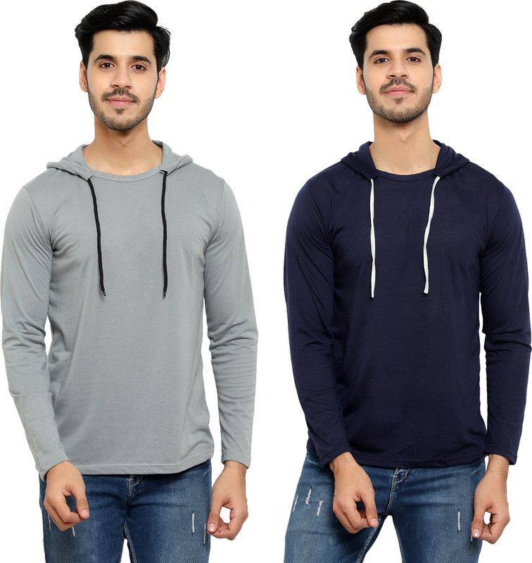 Pack of 2 HMT Men Solid Hooded Neck Cotton Blend Silver, Dark Blue T-Shirt