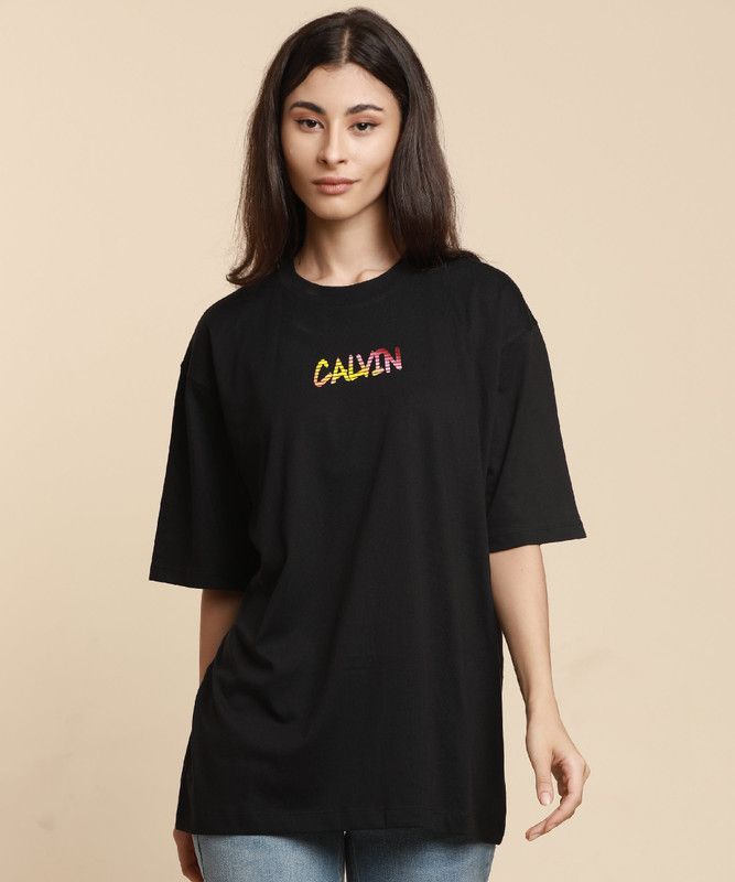 A- GRADIENT CALVIN TUNIC Women Printed Round Neck Organic Cotton Black T-Shirt