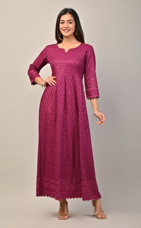 Embroidered Viscose Rayon Stitched Anarkali Gown  (Maroon)