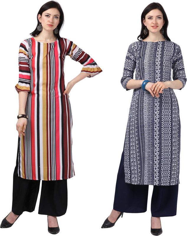 Pack of 2 Women Printed, Striped Crepe A-line Kurta  (Multicolor)