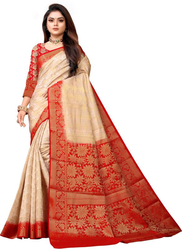 Floral Print Banarasi Nylon Saree  (Beige)