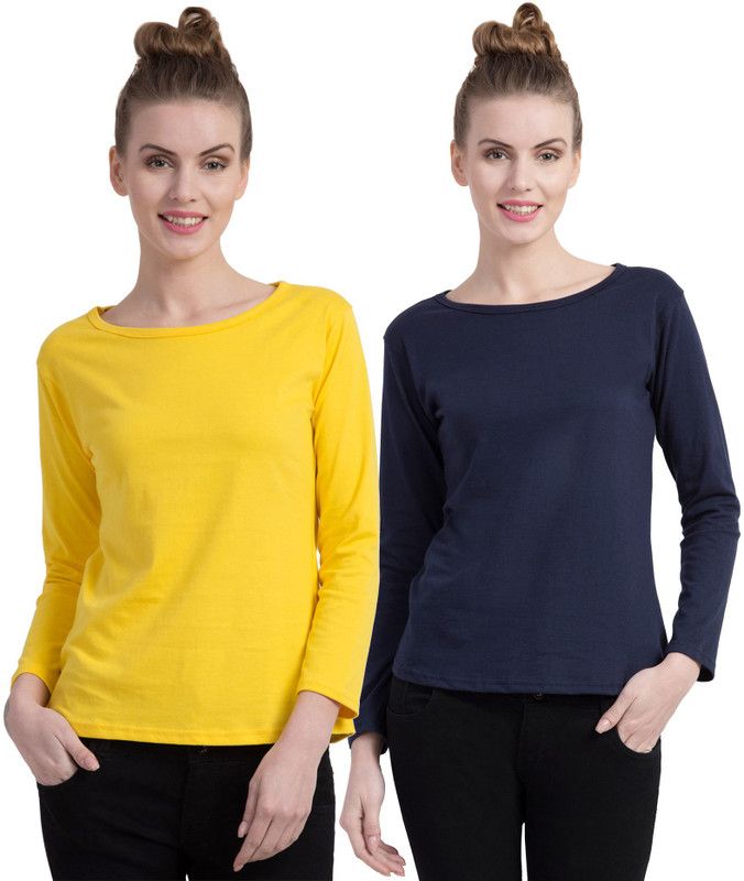 Pack of 2 Women Solid Boat Neck Cotton Blend Multicolor T-Shirt