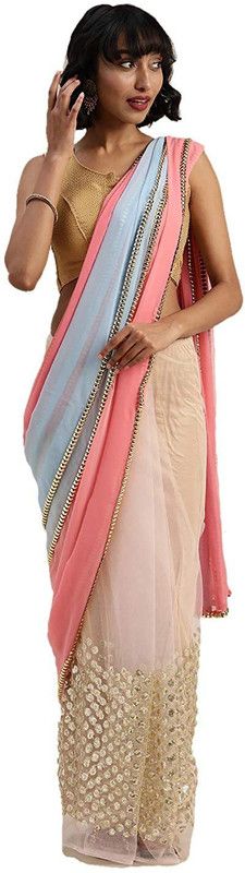 Embellished Bollywood Georgette Saree  (Light Blue, Pink)