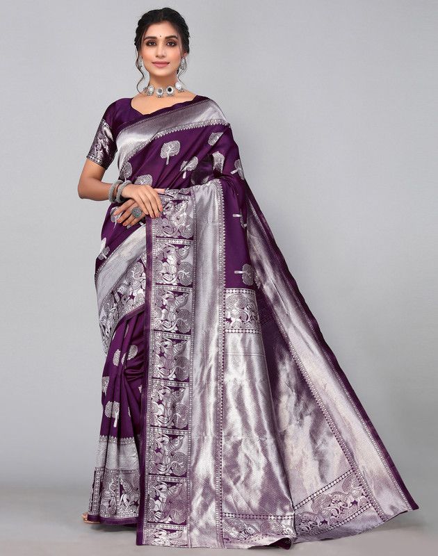 Woven, Paisley, Embellished Banarasi Jacquard, Silk Blend Saree  (Purple)