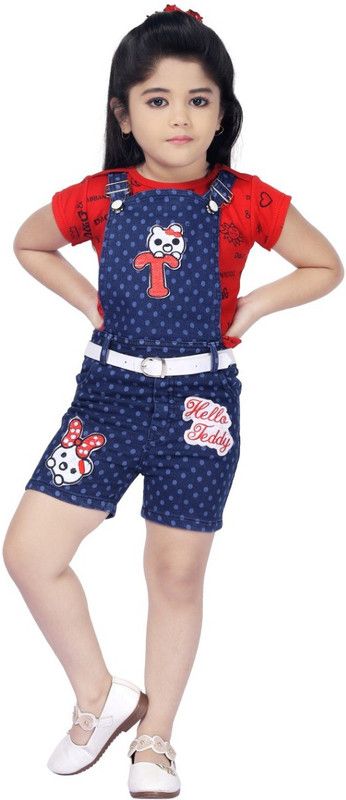 Dungaree For Girls Casual Embroidered Denim  (Red, Pack of 1)