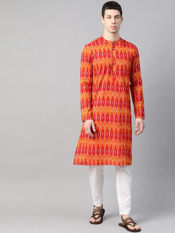 Men Ikat Pure Cotton Straight Kurta  (Orange)