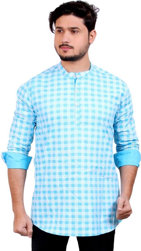 Men Checkered Pure Cotton Straight Kurta  (White, Blue)