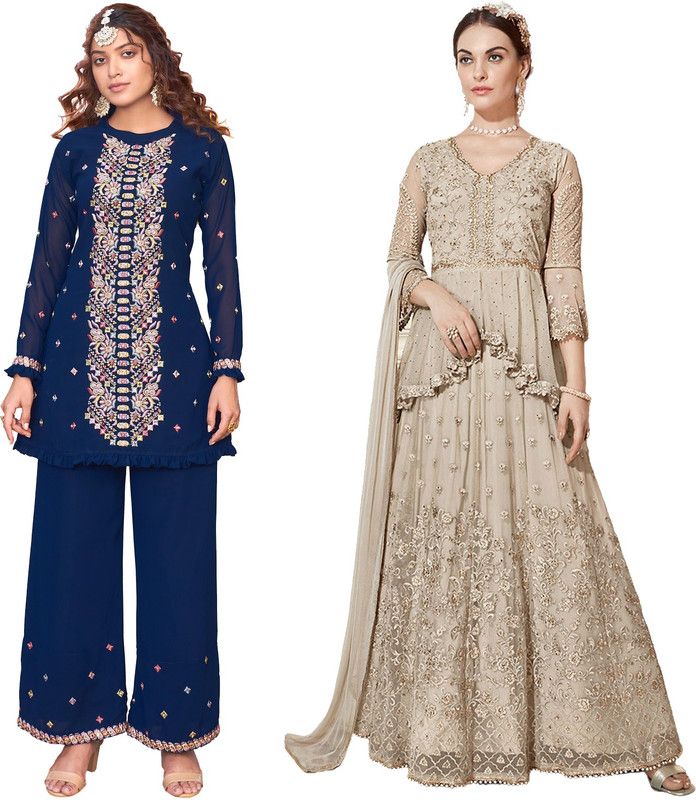 Semi Stitched Georgette Kurta & Palazzo Material Embroidered, Embellished
