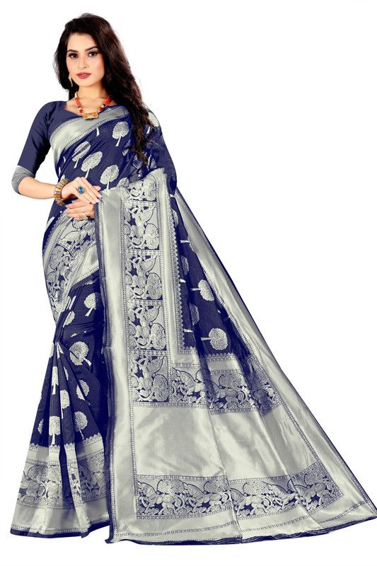 Self Design, Temple Border, Woven, Dyed Kanjivaram Cotton Blend, Cotton Silk Saree  (Dark Blue)