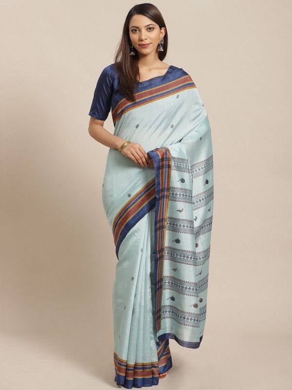 Digital Print Daily Wear Cotton Blend, Art Silk Saree  (Light Blue)