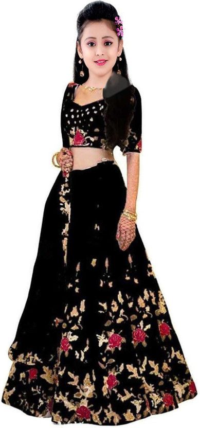 Girls Lehenga Choli Ethnic Wear Embroidered Ghagra, Choli, Dupatta Set  (Black, Pack of 1)