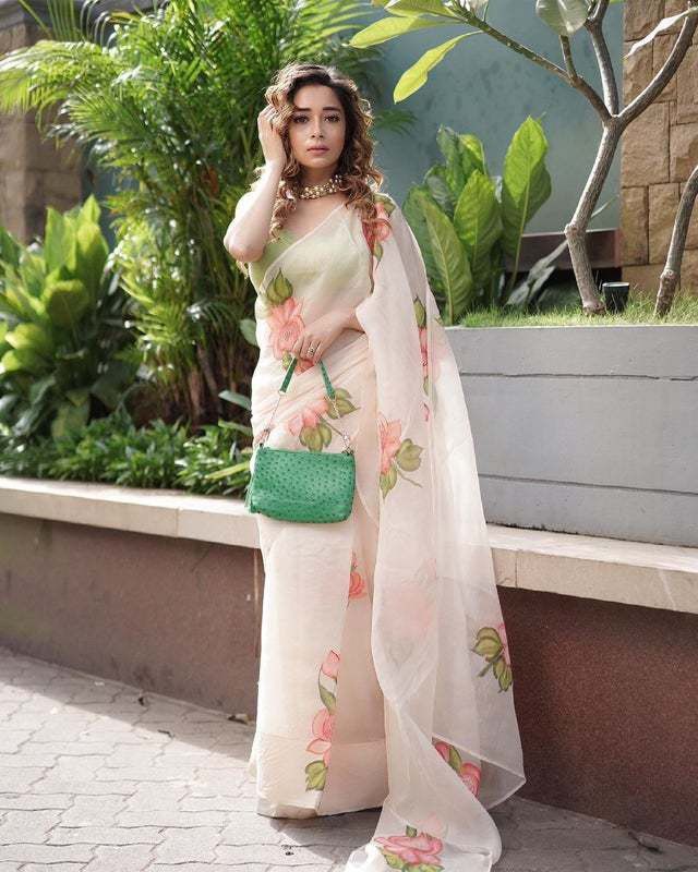 Digital Print Bollywood Organza Saree  (Cream)