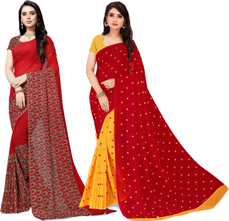 Printed, Graphic Print, Polka Print Daily Wear Georgette Saree  (Pack of 2, Red, Yellow)