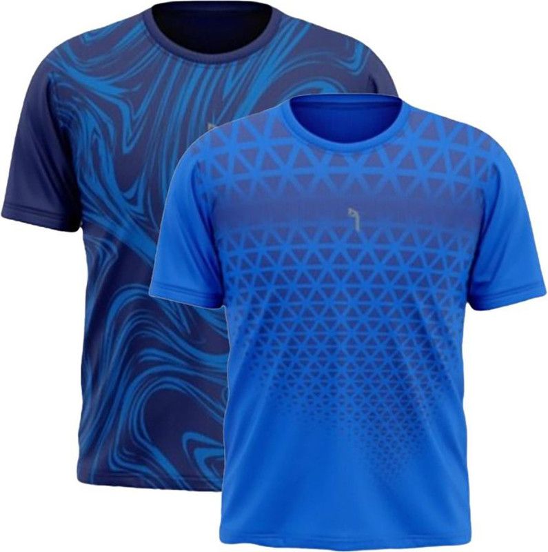 Pack of 2 Men Printed Round Neck Pure Cotton Blue T-Shirt