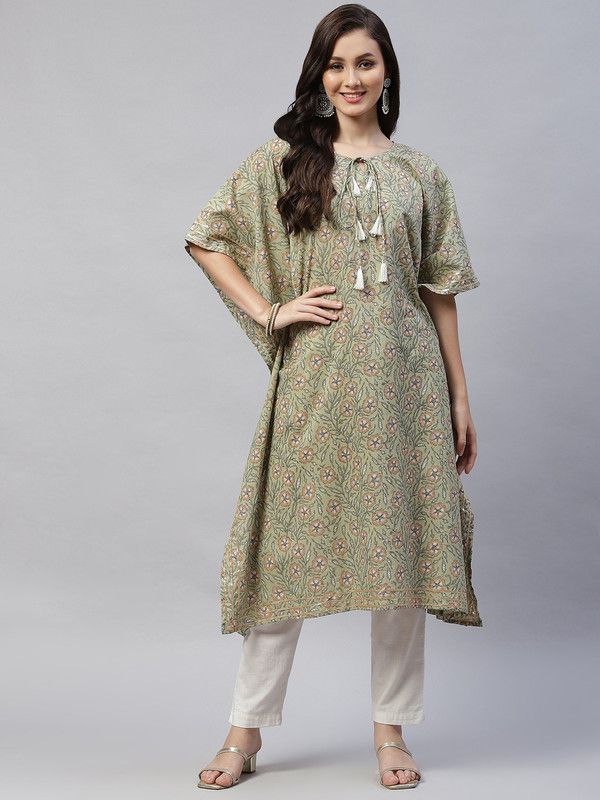 Women Floral Print Pure Cotton Kaftan Kurta  (Green)