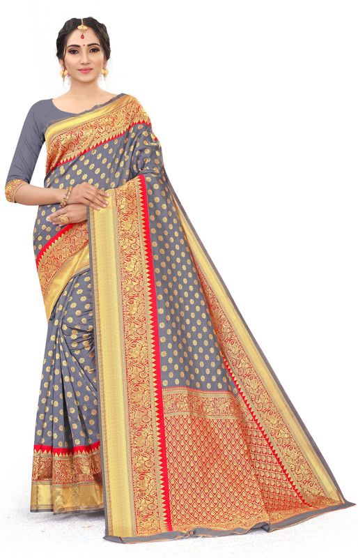 Embroidered, Woven Banarasi Silk Blend Saree  (Grey)