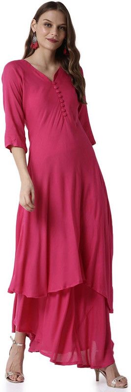 Women Solid Viscose Rayon Asymmetric Kurta  (Pink)