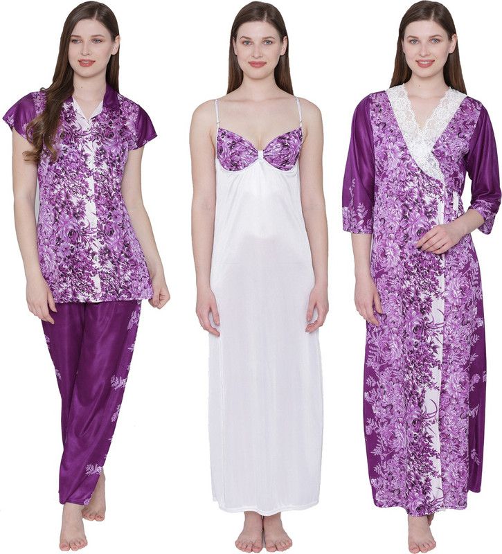 Pack of 4 Women Nighty Set  (Purple, White)