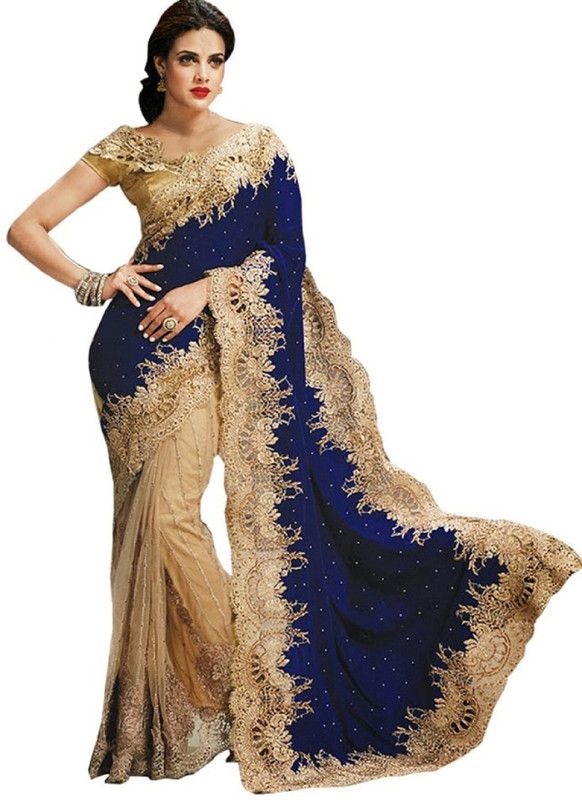 Embellished Bollywood Velvet, Net Saree  (Dark Blue)