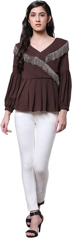 Casual Bishop Sleeve Lace Women Brown Top
