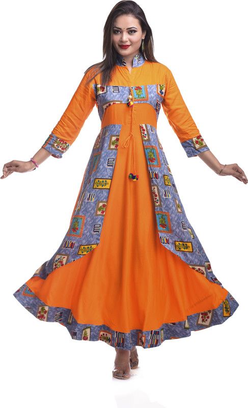 Printed Rayon Blend Stitched Anarkali Gown  (Orange)