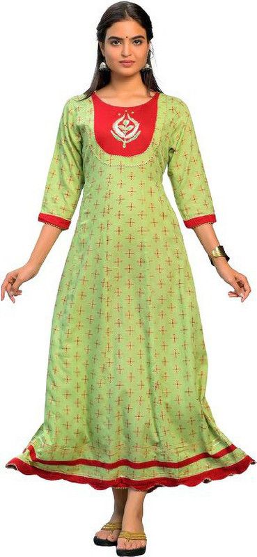 Printed, Embroidered Rayon Blend Stitched Anarkali Gown  (Green)
