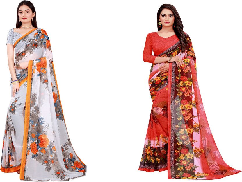 Geometric Print Bollywood Georgette Saree  (Pack of 2, Gold)
