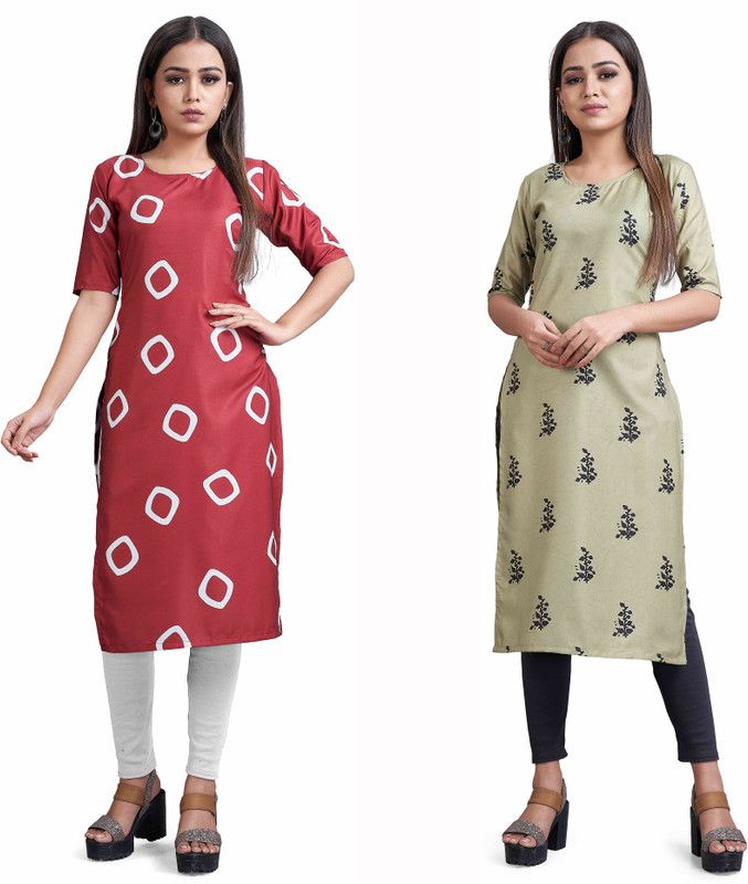 Pack of 2 Women Printed Crepe A-line Kurta  (Red, Green)