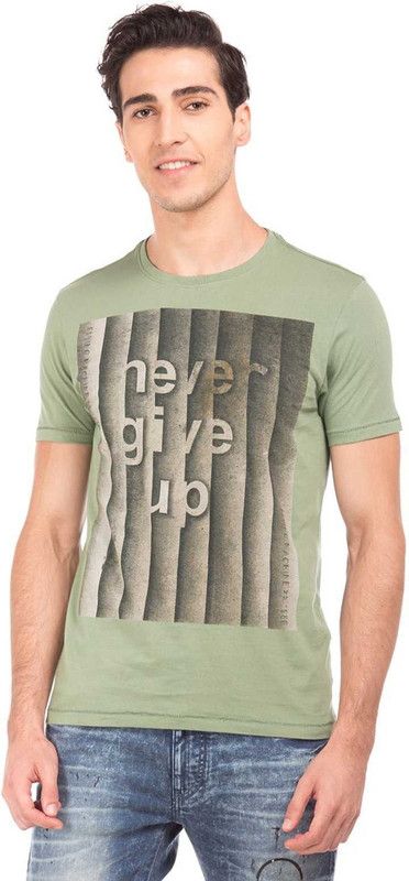 Flying Machine Men Green T-Shirt Men Graphic Print Round Neck Cotton Blend Light Green T-Shirt
