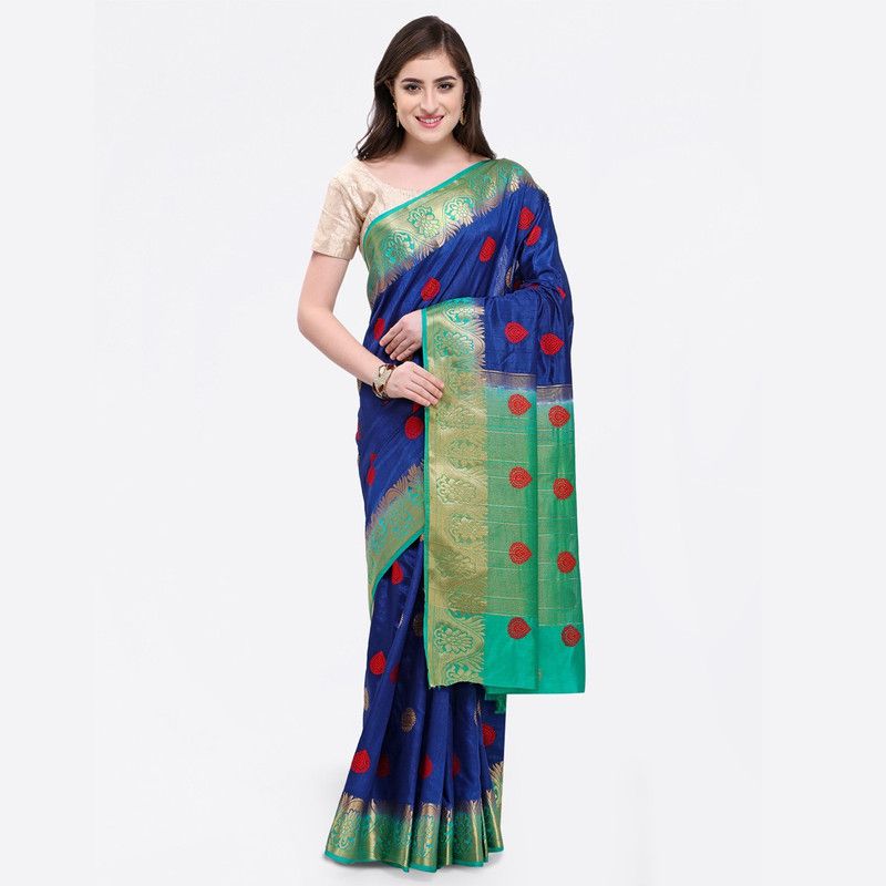 Woven Kanjivaram Silk Blend Saree  (Green, Blue)