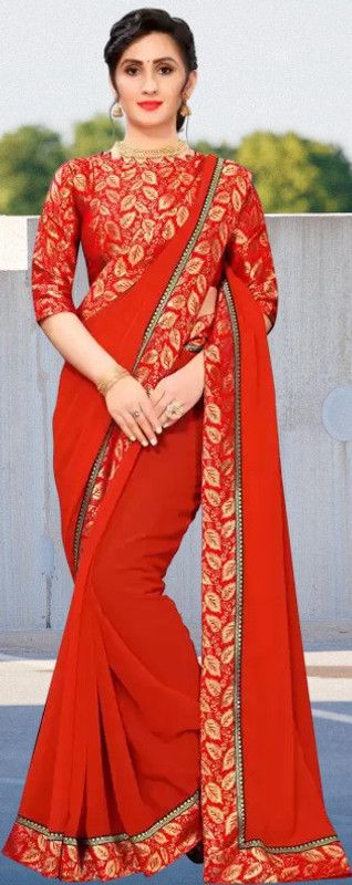 Self Design Gadwal Georgette Saree  (Red)