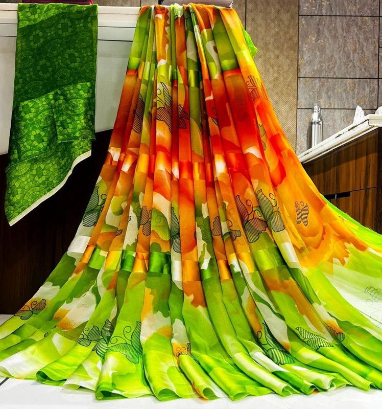 Printed, Digital Print, Geometric Print Daily Wear Satin Saree  (Green)