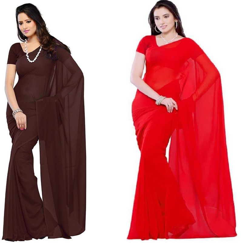 Solid/Plain Daily Wear Georgette Saree  (Pack of 2, Red, Brown)